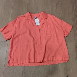 Coral Button-Up Linen Blend Women's Top